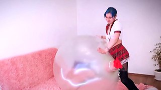 Kinky schoolgirls humping, riding and fucking a big balloon