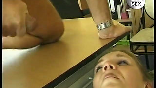 Blonde milf swallowing gyno's cum