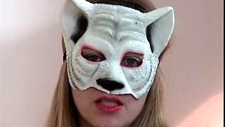 Masked blonde with a beautiful and hot ass moaning and cumming, giving her pussy and very tasty spit: Porn