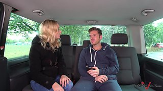 Blonde Amy rides a lucky guy in the back seat of his car
