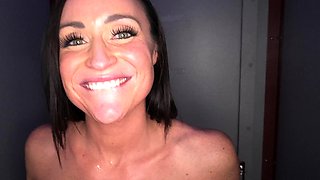Busty Latina glory hole takes big facial from big black cock