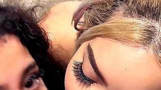Blonde and Black Hair Lesbian Girls Caught Licking and Let Old Guy Join in FFM 3some