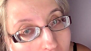 Cuckold Private Cam Worship - Goddess in Thick Eyeglasses, Wet Lips and Tongue Deep-throating Dildo While Teasing Tits for Cuck