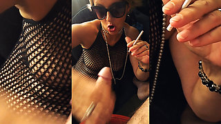 Cigarette Handjob Game, Karina Is Ruthless Intense, Smokes While Milking Him - Big Cumshot! - POV Full Video