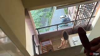 Horny Neighbor Masturbates on Balcony While Pervert Peeps - Katty West Anal