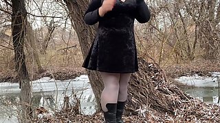 Mother-in-law in White Pantyhoses and Big Panties Pees Outdoors