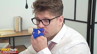 Nerdy school dame is getting down on all fours in front of her classmate and anxiously throating his rock stiff manstick