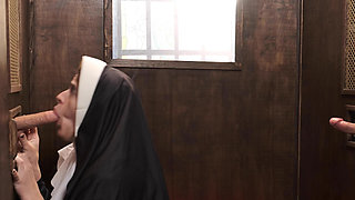 Slutty nun Abbie Maley gets fucked through a hole in the wall