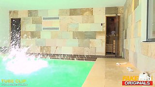 Fakehub - cool tennis ball female pranks the men before fellating their cock and seducing them with her hot natural fit figure in the sauna ending with threesome