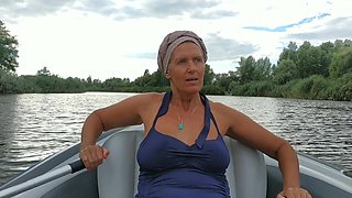 Sexy Old Weekend Housewife in One Piece Swimsuit on Boat