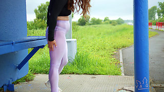 54-semi-sheer Leggings and Panties Showing, and I'm Standing at a Bus Stop Teasing Drivers *4k 60fps