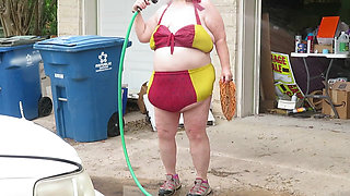 Car wash in and out of my iron man bikini set part 2 flashing