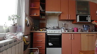 Sexy mom prepares breakfast, hairy pussy, big tits. Sexy wife cleans the house, hairy pussy, big ass.