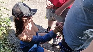 In the parking lot, two strangers masturbate and cum on their tits, handjob in public