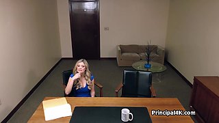 Suburban mommy in blue dress suck the head teacher