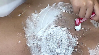 Shaving a Hairy Beautiful Pussy with a Trimmer and Razor with Shaving Foam!