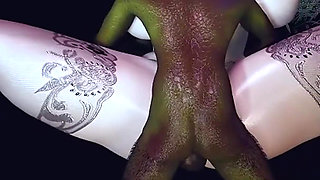 3D BBW Asian MILF Have First Time Threesome Sex with Monster