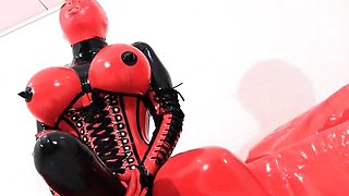 Busty amateur milf wears latex uniform and high heels