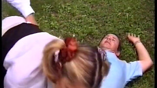 A college girl with blond duvets gets fucked on the lawn.