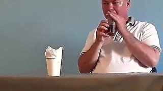 Naked Waitress. Restaurant Guest Eats From the Waitress's Navel. C3