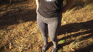 Girl Teases Her Big Cameltoe in Leopard Leggings Outdoors