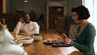 Dashing brunette spit-roasted by a pair of oversized black shafts