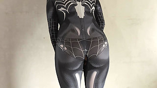 Trying on my new Spider-Man costume.