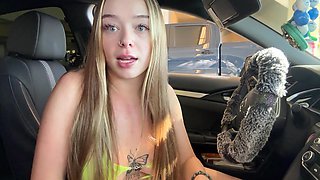 Close-up public pussy masturbation with a buttplug in ass in a car