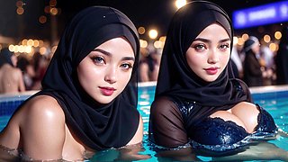 Hijab Women at Wild Pool Party - Ai Generated