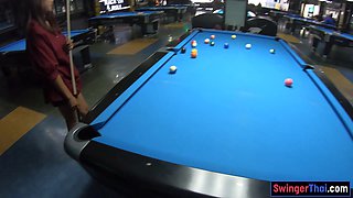 Curvy bottom Thai GF plays pool and blowjobs