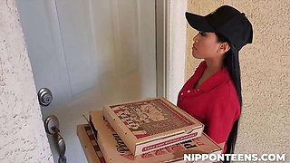 Ember Snow Gets Stuck with Two Guys in Hot Delivery Threesome - Asian Teen Blowjob