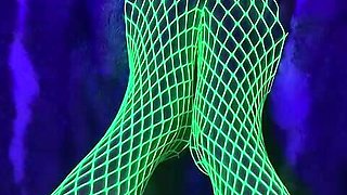 Tiny Asian Feet with Long Toes in Green Neon Fishnet