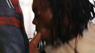 Ebony girl gets fucked by guys in deadpool and spiderman cosplays. Intense threesome!