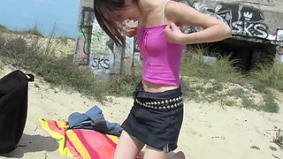 Cute 18 Years Brunette Shows Hairy Pussy at Beach