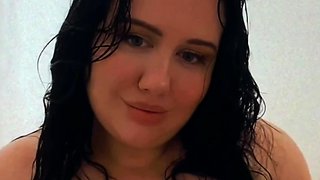 Busty curly brunette with big boobs fucks on couch