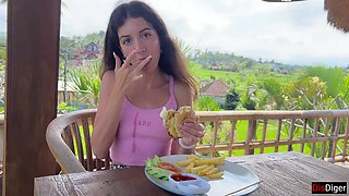 Cute Babe Eating Burger with Cum on Her Face in Public Cafe - Cumwalk