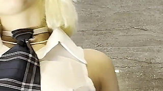 Hot Blonde Cheerleader in Shortest School Uniform Skirt Flashes Pussy and Ass but Also All Natural Beautiful Tits