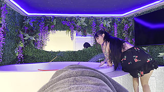 No Panties - Hot sexy Latina petite wife in the bathroom prepares the jacuzzi