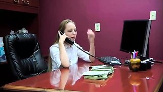 Slender blonde with big tits gets restrained in the office