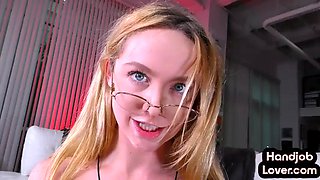 Cute blondie in glasses wanking BFs dick