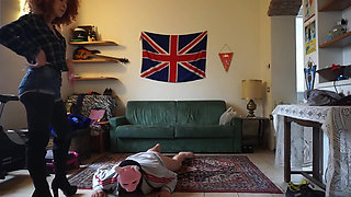 Masked slave gets punished from three femdom chicks