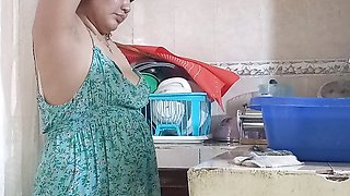 Maid fucked in the kitchen, almost discovered by the boss