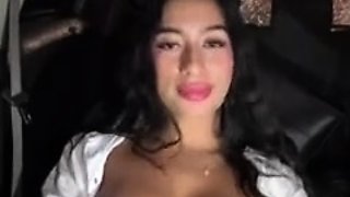 Busty curly brunette with big boobs fucks on couch