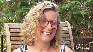 German amateur Lindsey Cruz plays with her hairy pussy outdoors - solo masturbation in HD