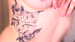 Glamour babe with big boobs masturbates in lingerie