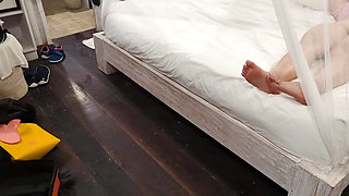 Sneaking asian step sister with perfect pussy in her room and jerked off over her pussy