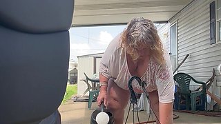 Watering Flowers Flashing Tits and Ass