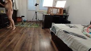 Sexy Wife Workout at Home Naked. Sexy Brunette Tries on Pantyhose