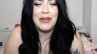 Busty curly brunette with big boobs fucks on couch
