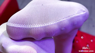 Goddess big booty and foot tease in white stockings on the red couch